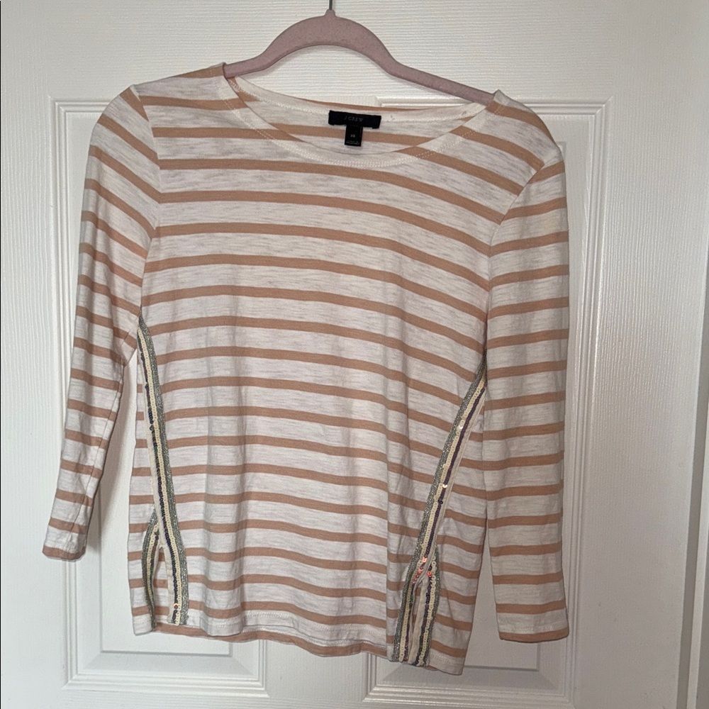 J. Crew Tan and White sequins Striped Long Sleeve Top Xs EUC